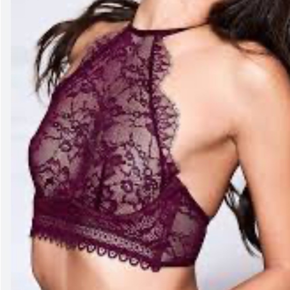 Victorias‎ Secret Very Sexy Plum Lace High Neck Halter Bralette 32DD Underwire